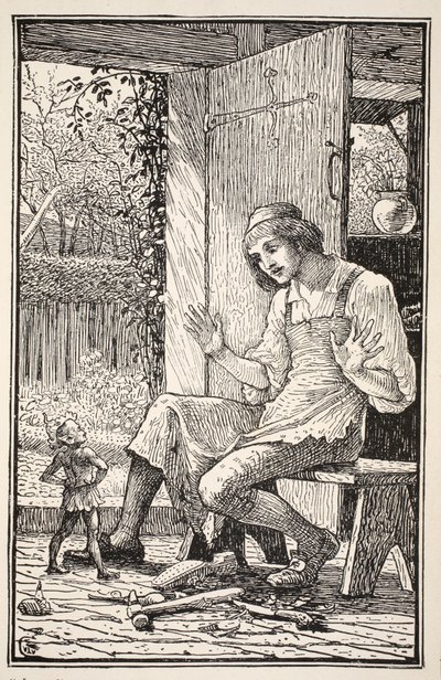 Sofort sprang ein winziges Wesen unter den Lederresten zu seinen Füßen hervor, verschränkte die Arme und lachte ein Koboldlachen in Taffys erstauntes Gesicht, Illustration aus 